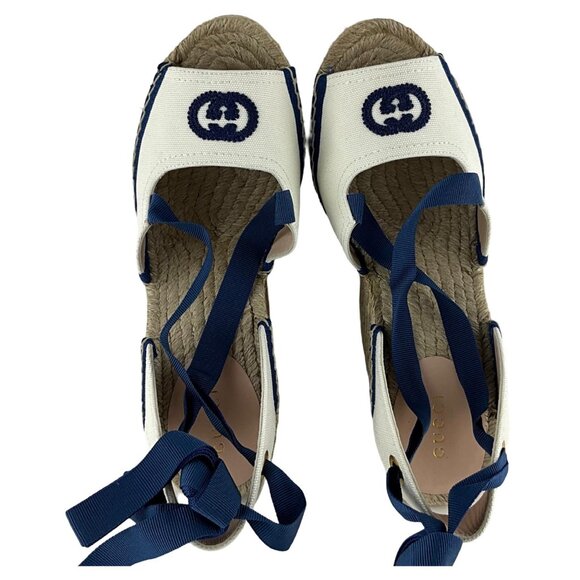Gucci Women's Espadrille With Ribbon Tie Interlocking G White & Blue Sz 38 - Picture 5 of 11